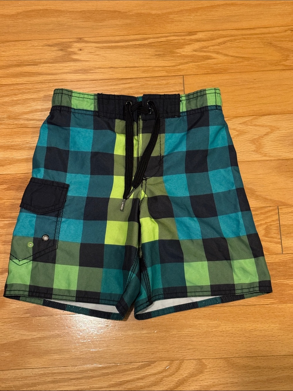 Old Navy XS 5 boys green black yellow plaid lined side pocket swim board shorts